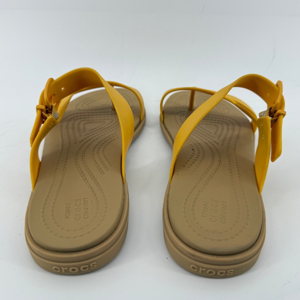 Crocs Tulum Toe Post Toe Sandal Yellow Tan Women 8 Strappy Slip On Flip Flop - Picture 5 of 9